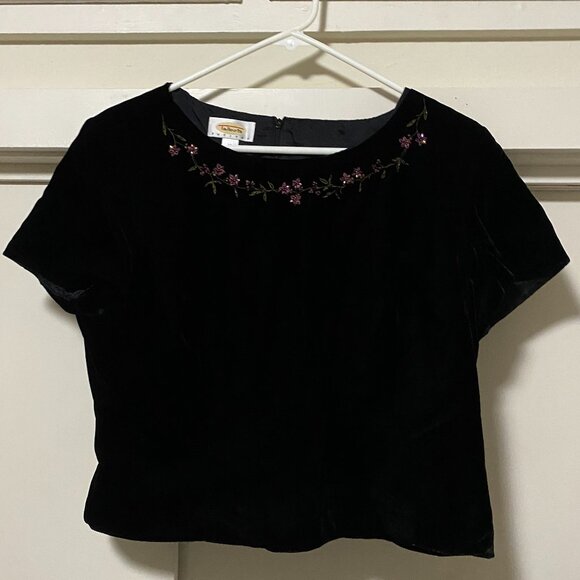 Talbots Petites, short sleeve black velvet short top, size 14 - Picture 1 of 12